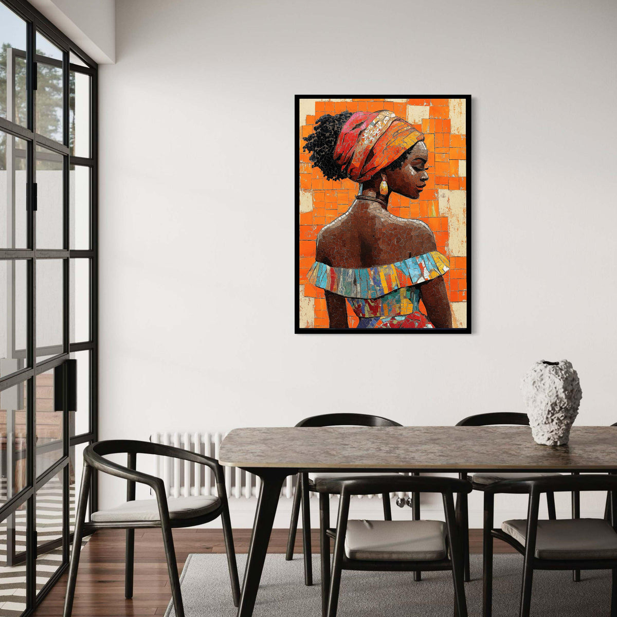 African Woman Colorful Headdress Canvas, Mosaic Style Portrait Art, Vibrant Cultural Wall Decor, Modern Ethnic Beauty Print Gift