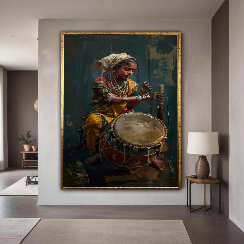 Indian Woman Drummer Canvas Art, Traditional Music Portrait Print, Cultural Ethnic Musician Wall Decor, Painterly Style Spiritual Artwork