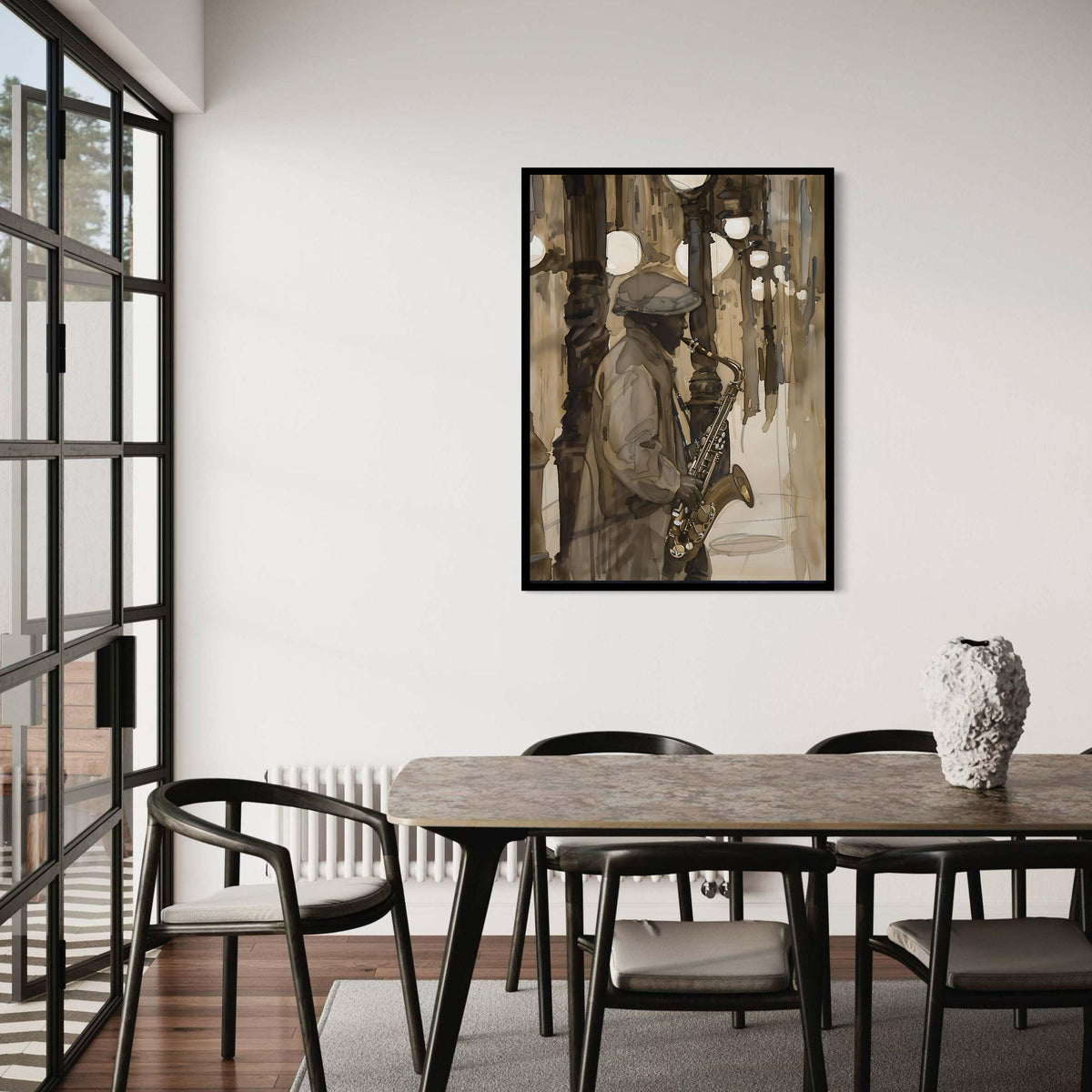 Jazz Musician Saxophone Canvas Print, City Night Street Scene Art, Moody Atmospheric Music Painting, Sepia Tones Wall Decor Gift