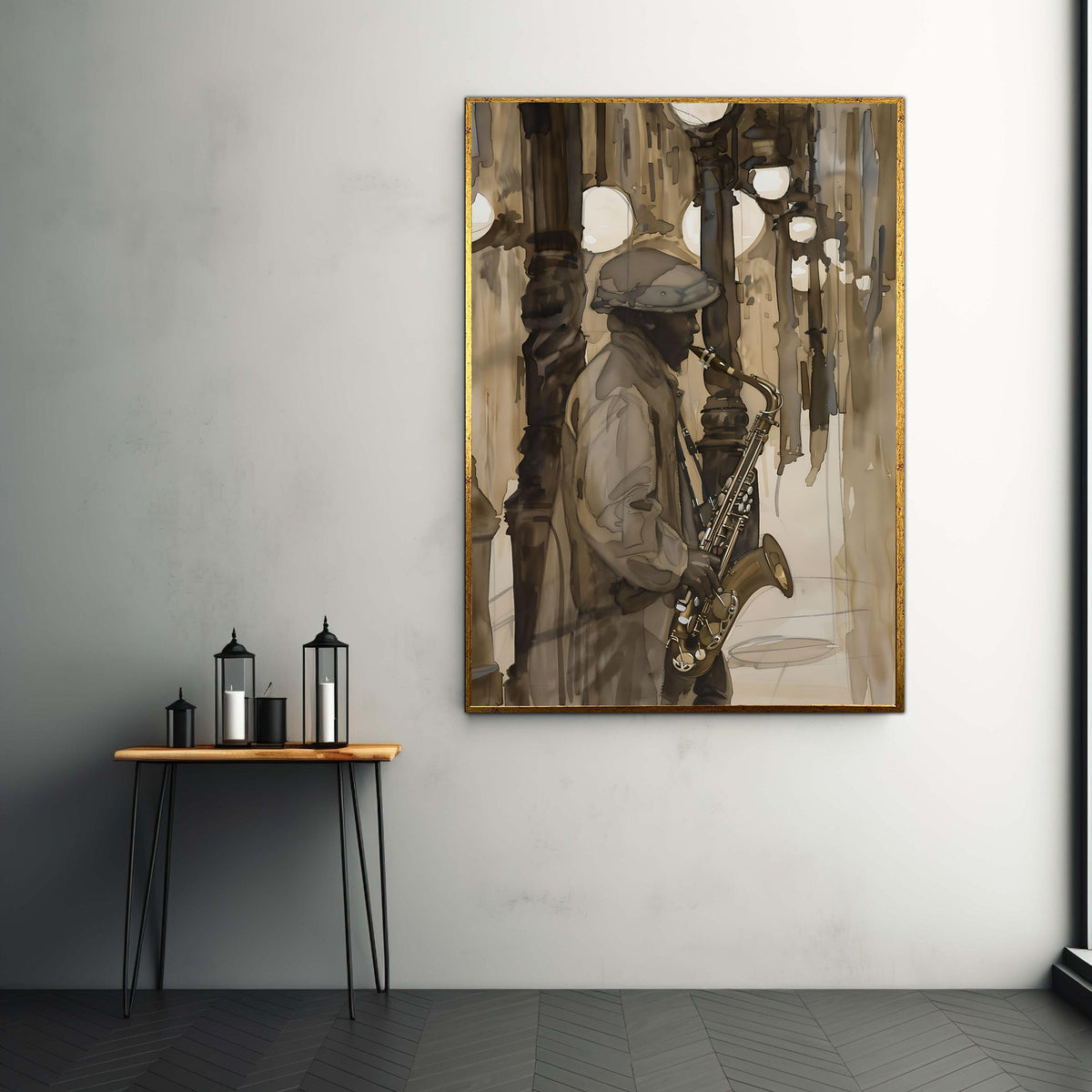 Jazz Musician Saxophone Canvas Print, City Night Street Scene Art, Moody Atmospheric Music Painting, Sepia Tones Wall Decor Gift