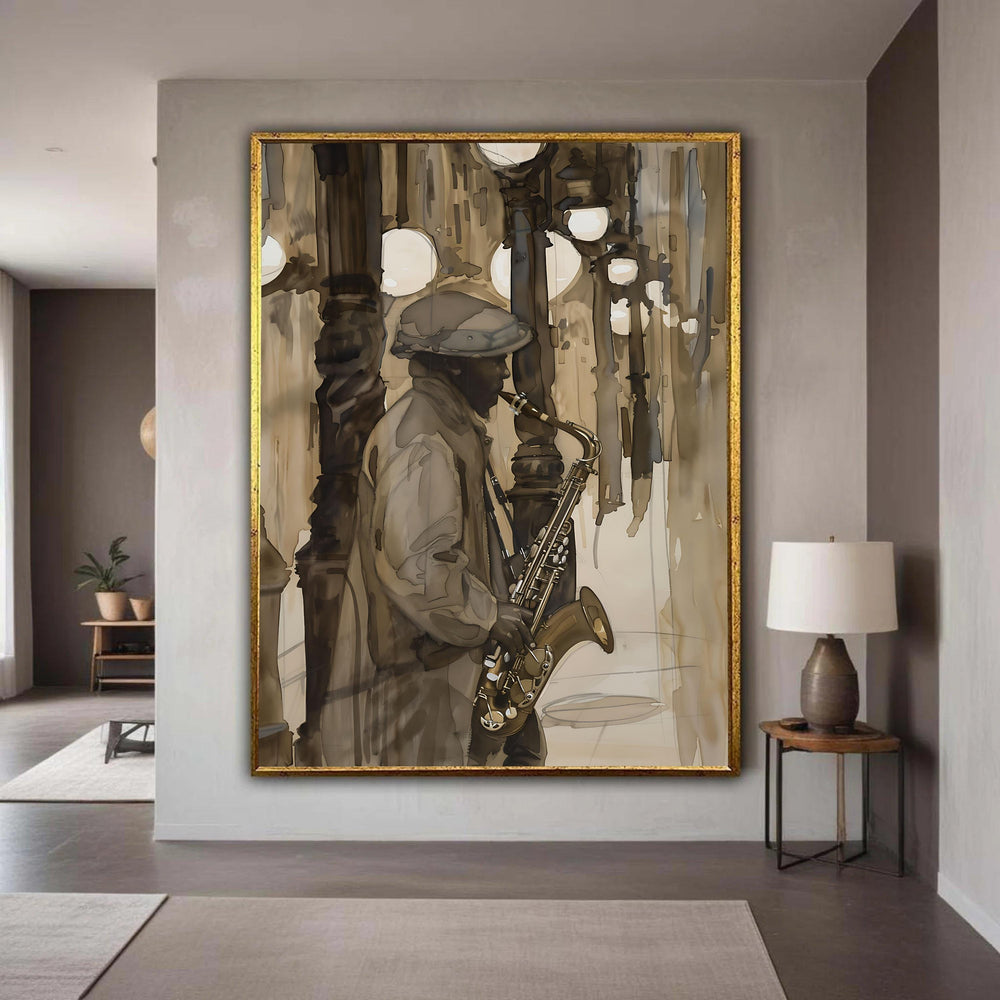 Jazz Musician Saxophone Canvas Print, City Night Street Scene Art, Moody Atmospheric Music Painting, Sepia Tones Wall Decor Gift