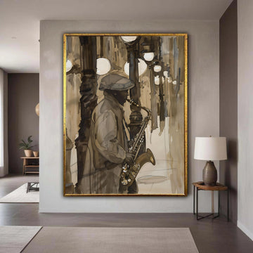Jazz Musician Saxophone Canvas Print, City Night Street Scene Art, Moody Atmospheric Music Painting, Sepia Tones Wall Decor Gift