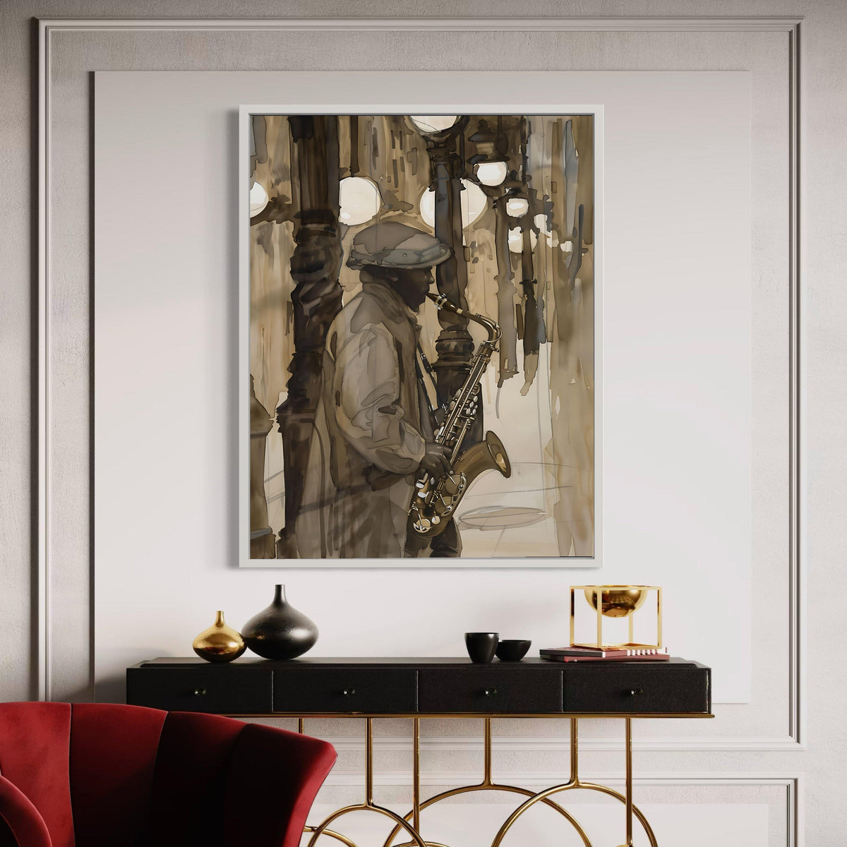 Jazz Musician Saxophone Canvas Print, City Night Street Scene Art, Moody Atmospheric Music Painting, Sepia Tones Wall Decor Gift