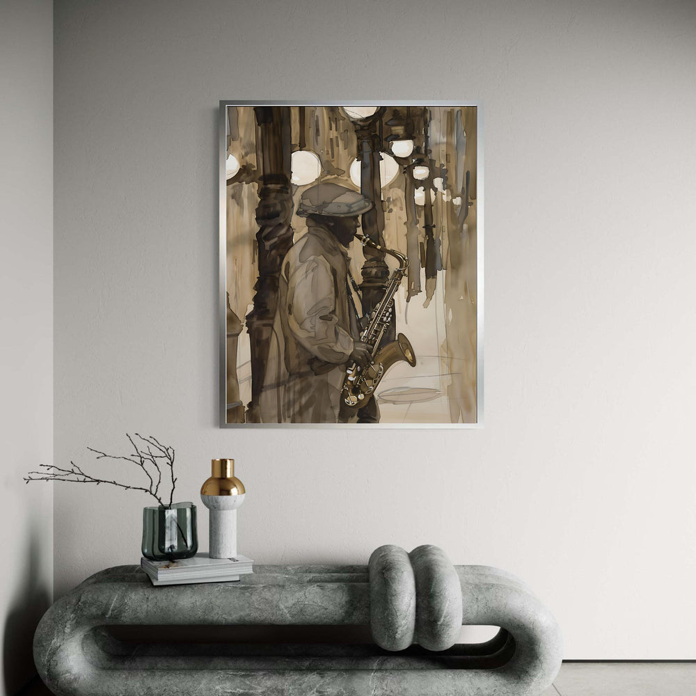Jazz Musician Saxophone Canvas Print, City Night Street Scene Art, Moody Atmospheric Music Painting, Sepia Tones Wall Decor Gift
