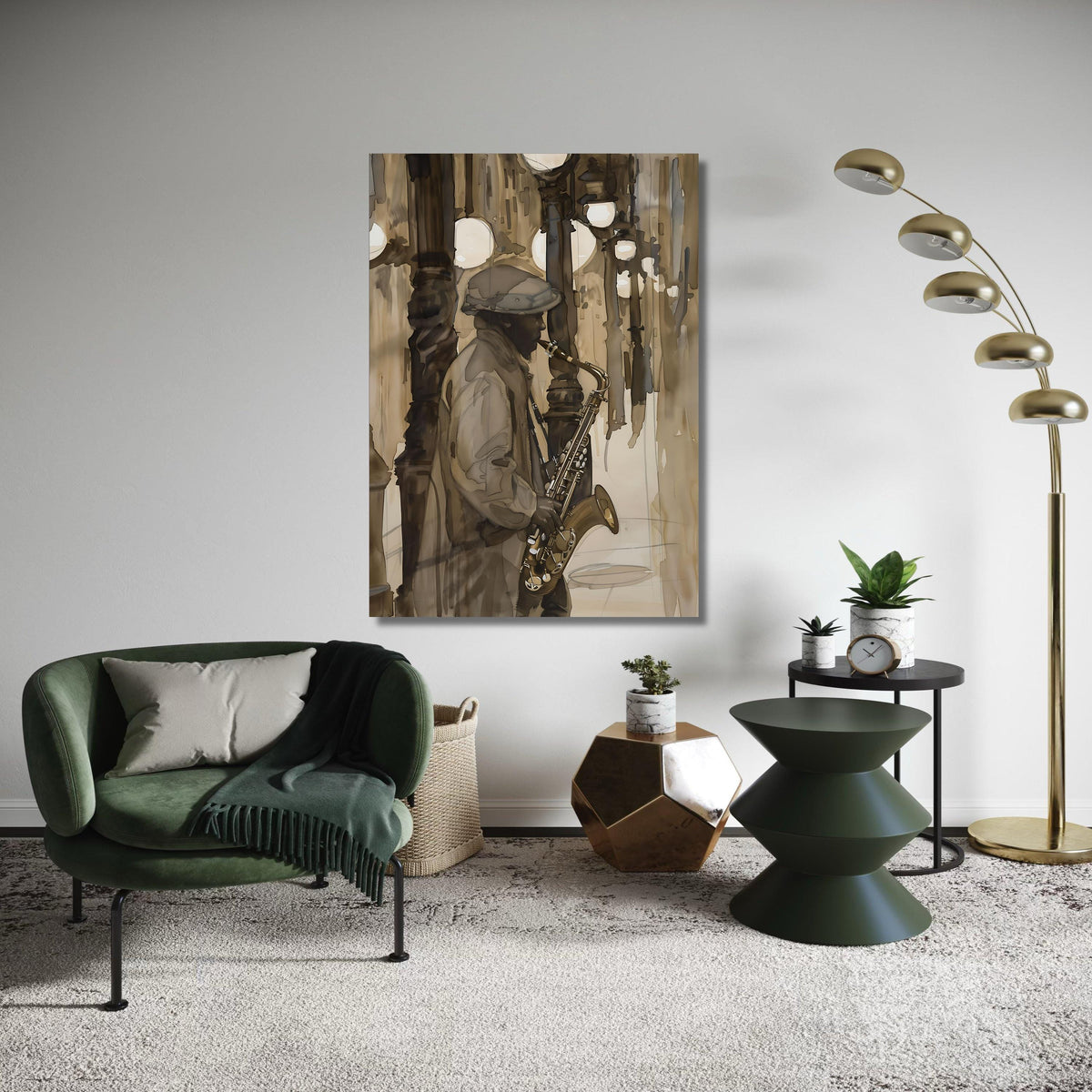 Jazz Musician Saxophone Canvas Print, City Night Street Scene Art, Moody Atmospheric Music Painting, Sepia Tones Wall Decor Gift