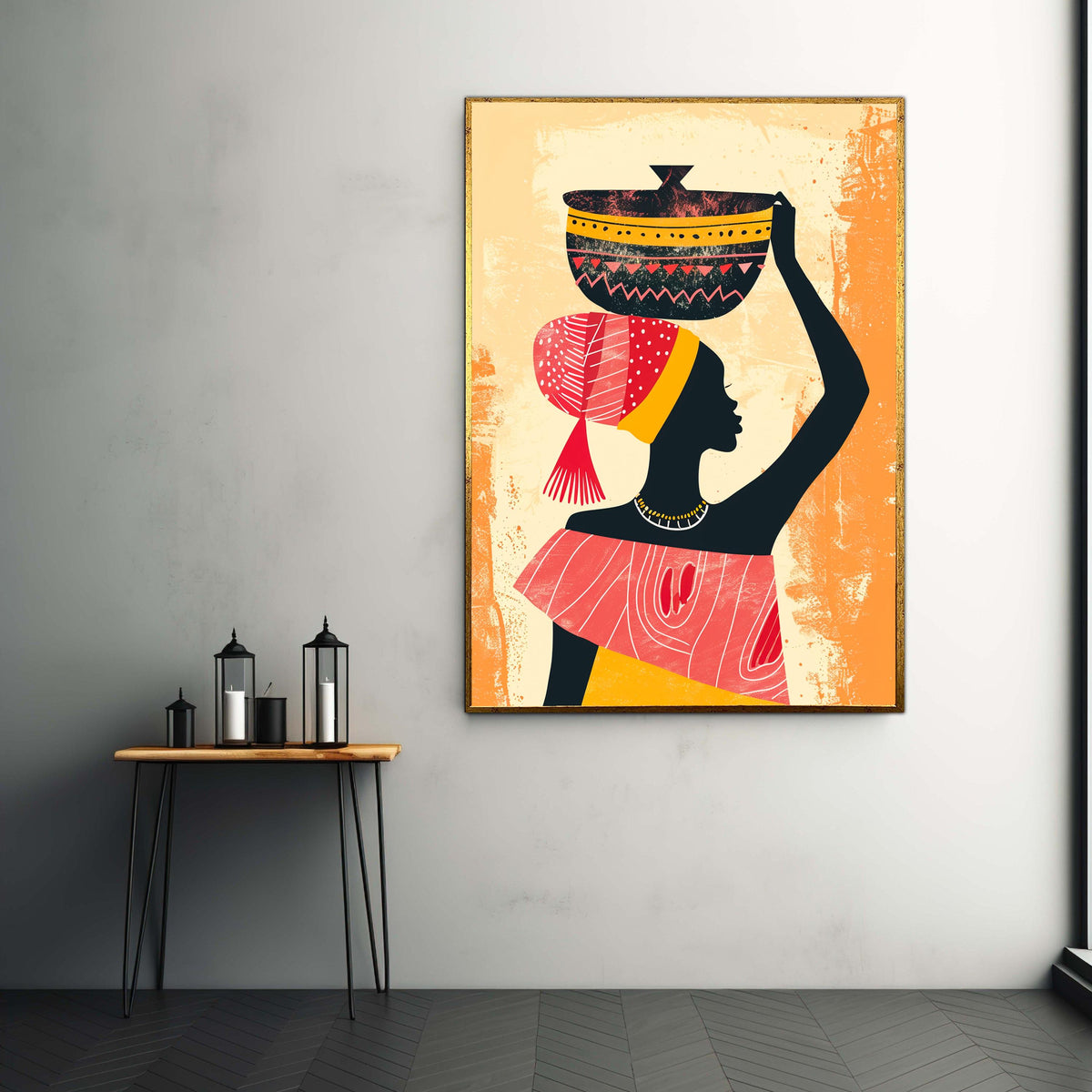 African Woman Carrying Pot Canvas Print, Cultural Silhouette Art, Vibrant Headdress Folk Style, Modern Ethnic Home Decor, Empowerment Gift