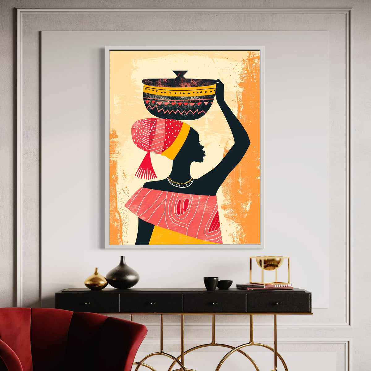 African Woman Carrying Pot Canvas Print, Cultural Silhouette Art, Vibrant Headdress Folk Style, Modern Ethnic Home Decor, Empowerment Gift