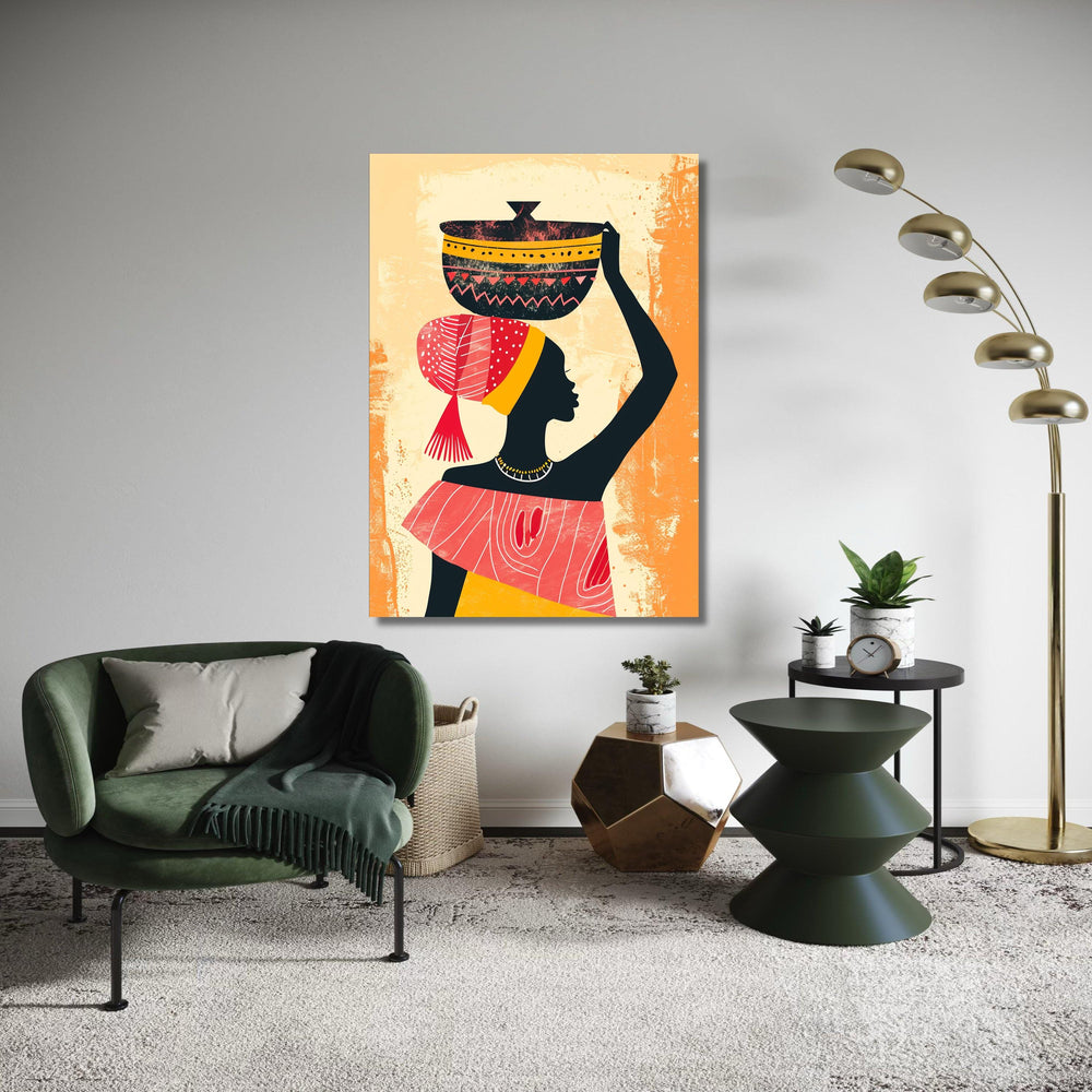 African Woman Carrying Pot Canvas Print, Cultural Silhouette Art, Vibrant Headdress Folk Style, Modern Ethnic Home Decor, Empowerment Gift