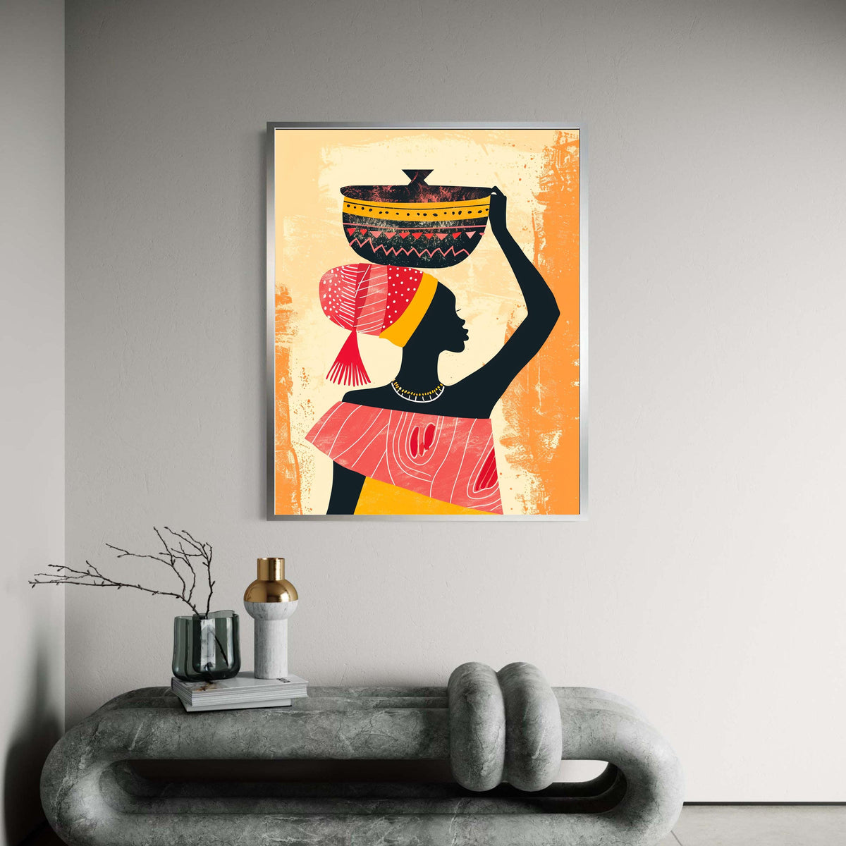 African Woman Carrying Pot Canvas Print, Cultural Silhouette Art, Vibrant Headdress Folk Style, Modern Ethnic Home Decor, Empowerment Gift