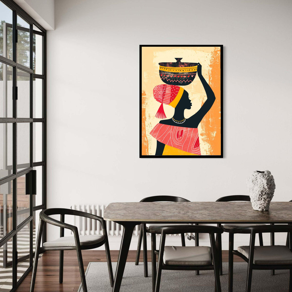African Woman Carrying Pot Canvas Print, Cultural Silhouette Art, Vibrant Headdress Folk Style, Modern Ethnic Home Decor, Empowerment Gift
