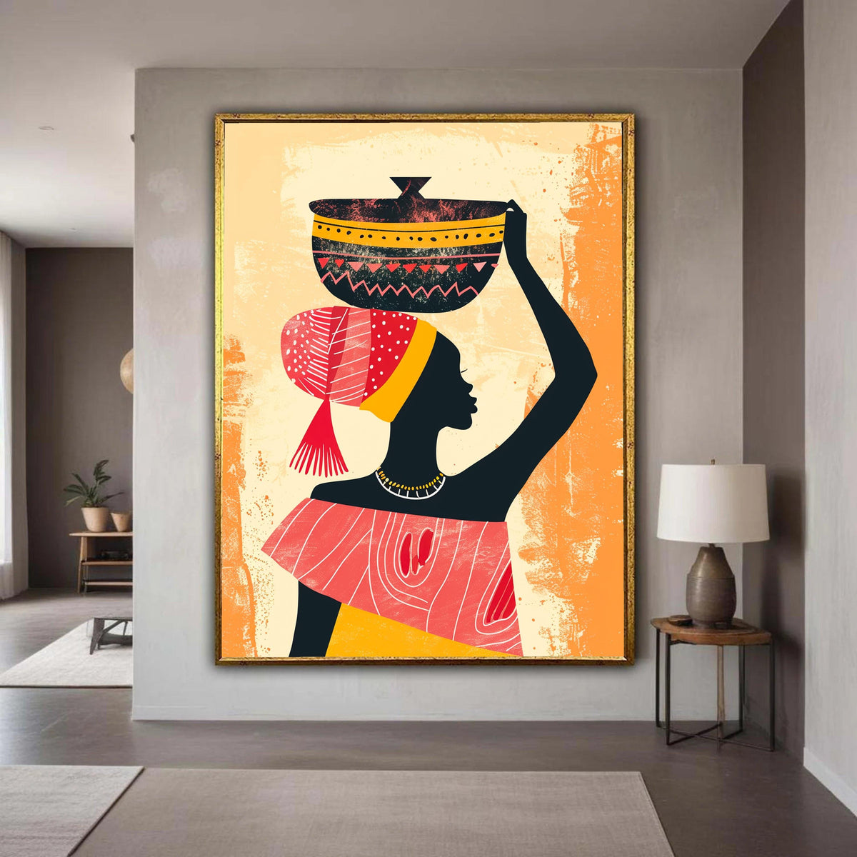 African Woman Carrying Pot Canvas Print, Cultural Silhouette Art, Vibrant Headdress Folk Style, Modern Ethnic Home Decor, Empowerment Gift