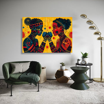 African Inspired Art Print, Love and Unity Figures Canvas, Vibrant Cultural Connection Wall Decor, Modern Folk Art Couple, Symbolic Artwork