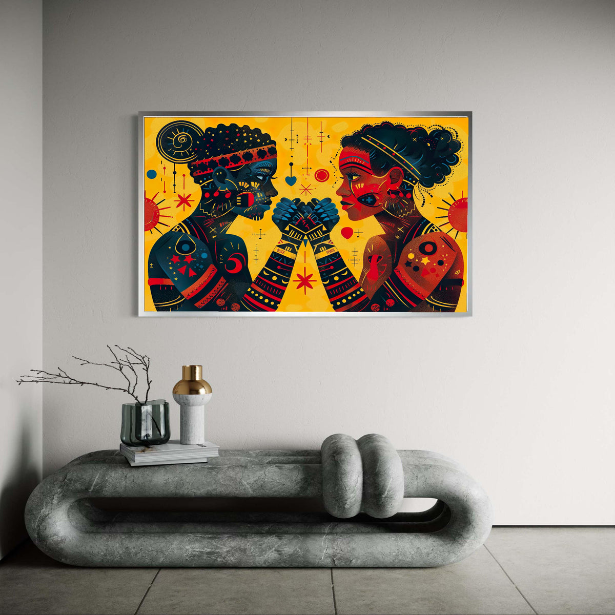 African Inspired Art Print, Love and Unity Figures Canvas, Vibrant Cultural Connection Wall Decor, Modern Folk Art Couple, Symbolic Artwork