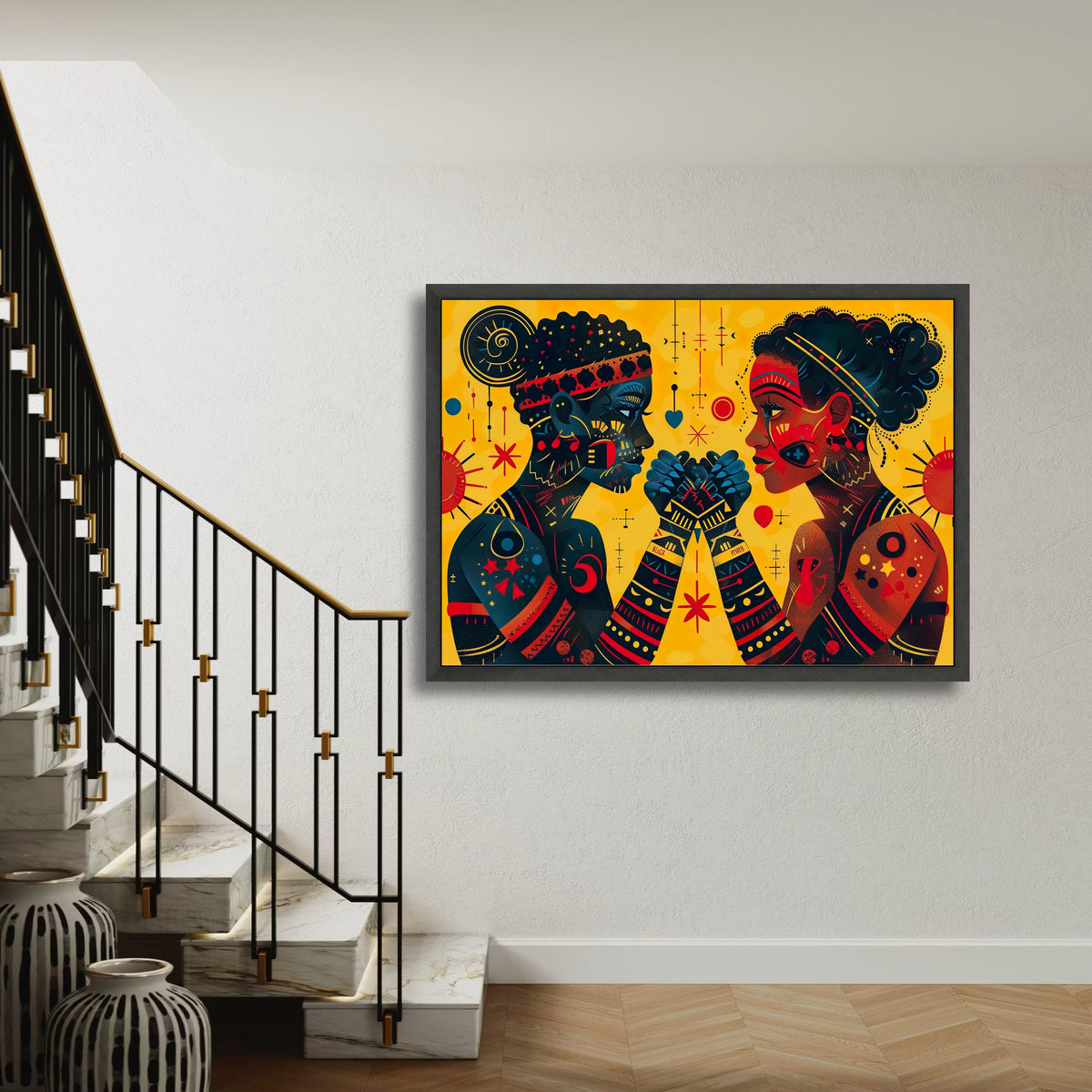 African Inspired Art Print, Love and Unity Figures Canvas, Vibrant Cultural Connection Wall Decor, Modern Folk Art Couple, Symbolic Artwork