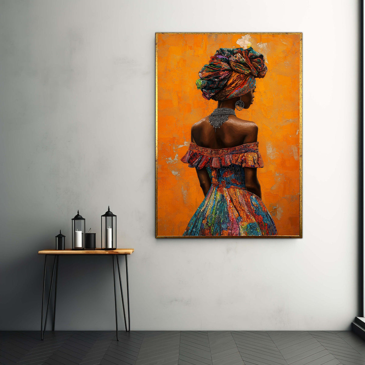 African Woman Colorful Headdress Canvas, Painterly Portrait Art, Vibrant Cultural Fashion Print, Elegant Back Profile Statement Necklace