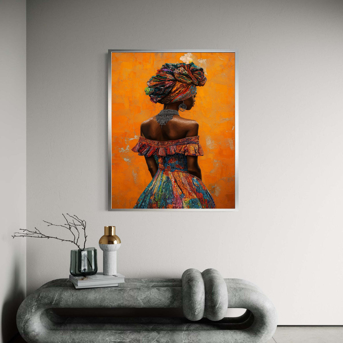 African Woman Colorful Headdress Canvas, Painterly Portrait Art, Vibrant Cultural Fashion Print, Elegant Back Profile Statement Necklace
