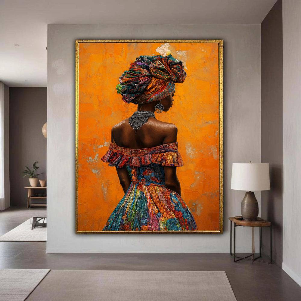 African Woman Colorful Headdress Canvas, Painterly Portrait Art, Vibrant Cultural Fashion Print, Elegant Back Profile Statement Necklace