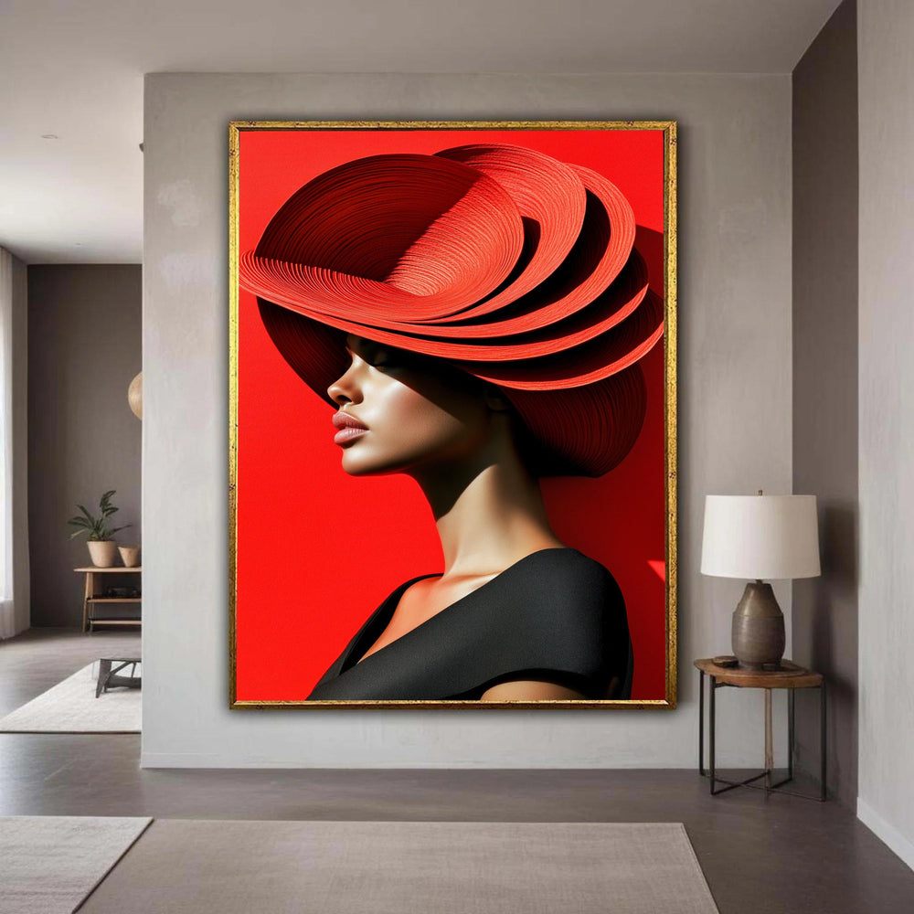 Modern Woman Sculptural Red Hat Canvas, Chic Fashion Art Print, Bold Profile Portrait, Striking Red Black Wall Decor, Elegant Artwork
