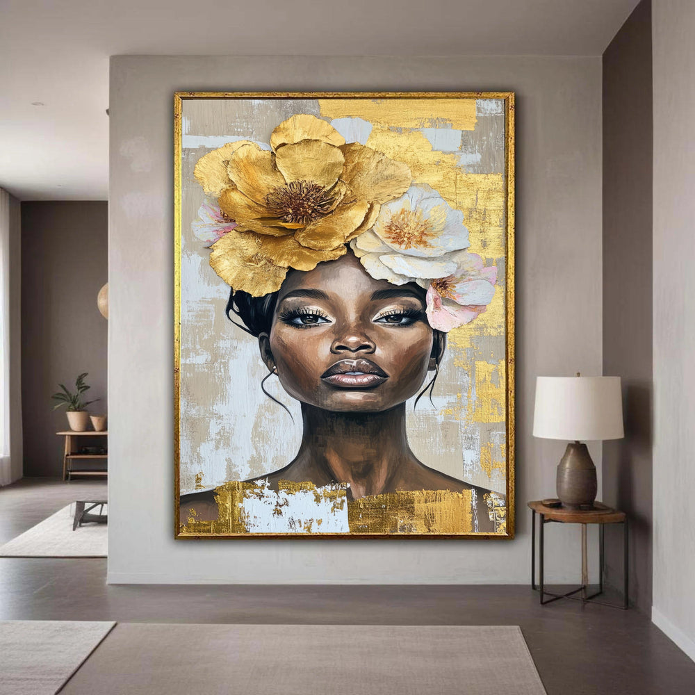 Black Woman Gold Floral Headdress Canvas, Modern Impasto Style Portrait, Gold Leaf Accent Art Print, Strong Beautiful Statement Wall Decor