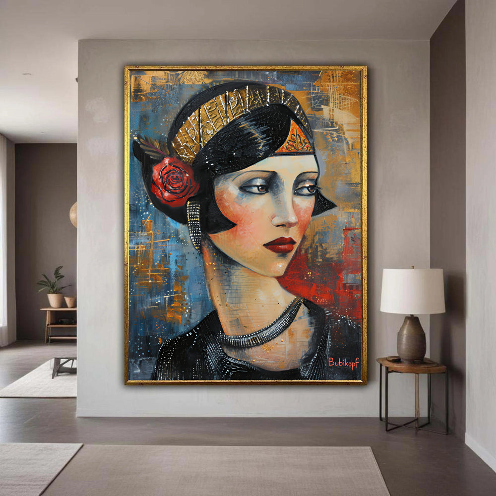Art Deco Woman Portrait Canvas Print, 1920s Flapper Girl Style, Vintage Red Rose Gold Headband Art, Retro Glamour Wall Decor Bubikopf