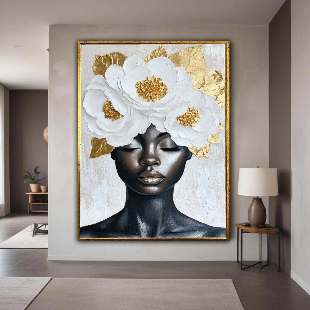 Serene Black Woman White Floral Crown Canvas, Modern Impasto Style Portrait, Gold Leaf Accent Art, Elegant Meditative Statement Decor
