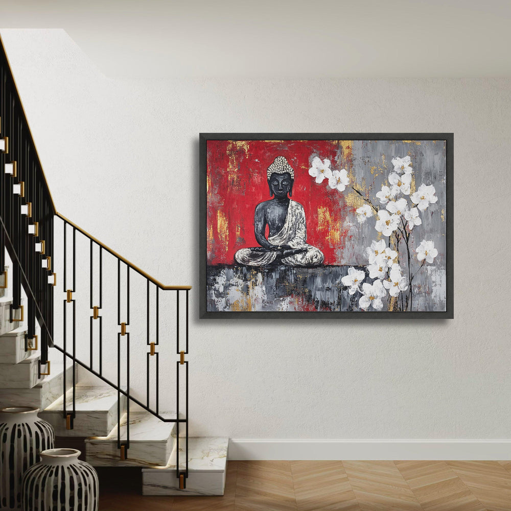 Meditating Buddha White Orchids Canvas Print, Red Grey Gold Leaf Art, Modern Spiritual Zen Floral Wall Decor, Peaceful Dhyana Mudra
