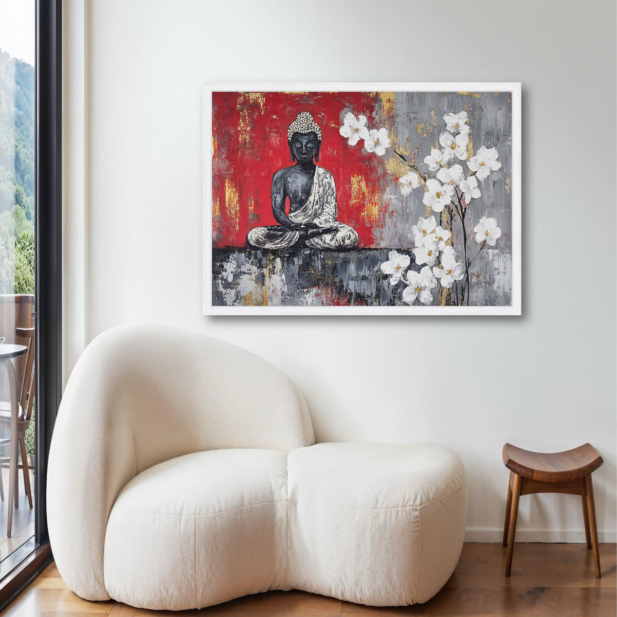 Meditating Buddha White Orchids Canvas Print, Red Grey Gold Leaf Art, Modern Spiritual Zen Floral Wall Decor, Peaceful Dhyana Mudra