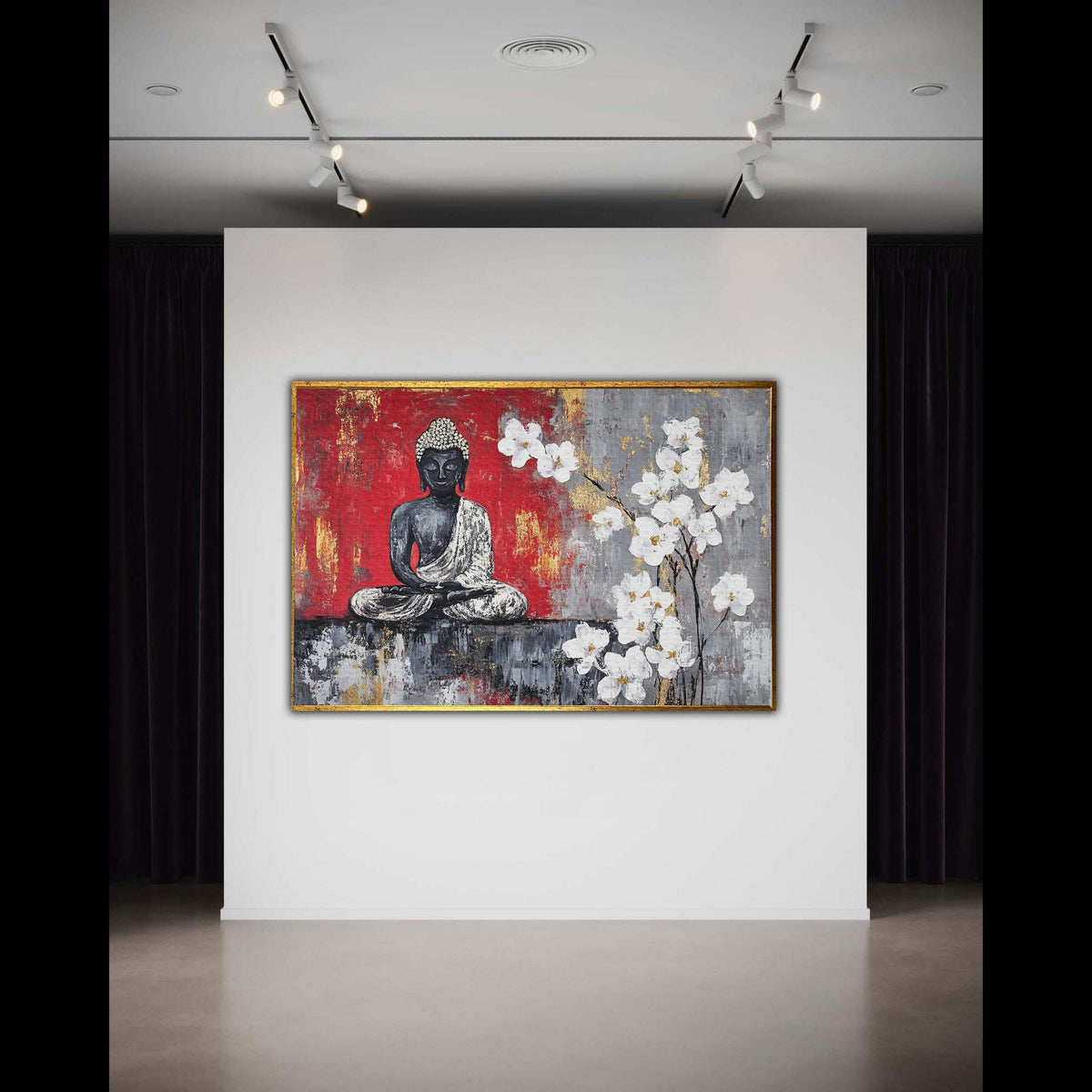 Meditating Buddha White Orchids Canvas Print, Red Grey Gold Leaf Art, Modern Spiritual Zen Floral Wall Decor, Peaceful Dhyana Mudra