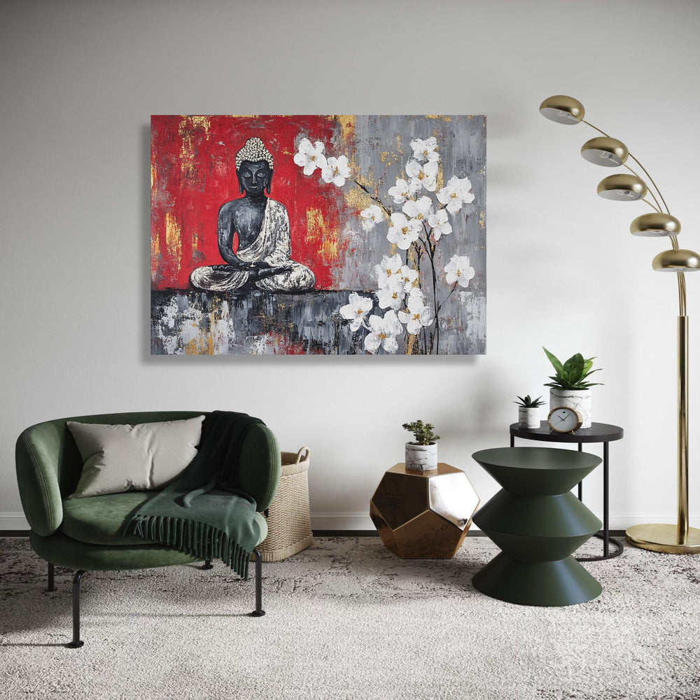 Meditating Buddha White Orchids Canvas Print, Red Grey Gold Leaf Art, Modern Spiritual Zen Floral Wall Decor, Peaceful Dhyana Mudra