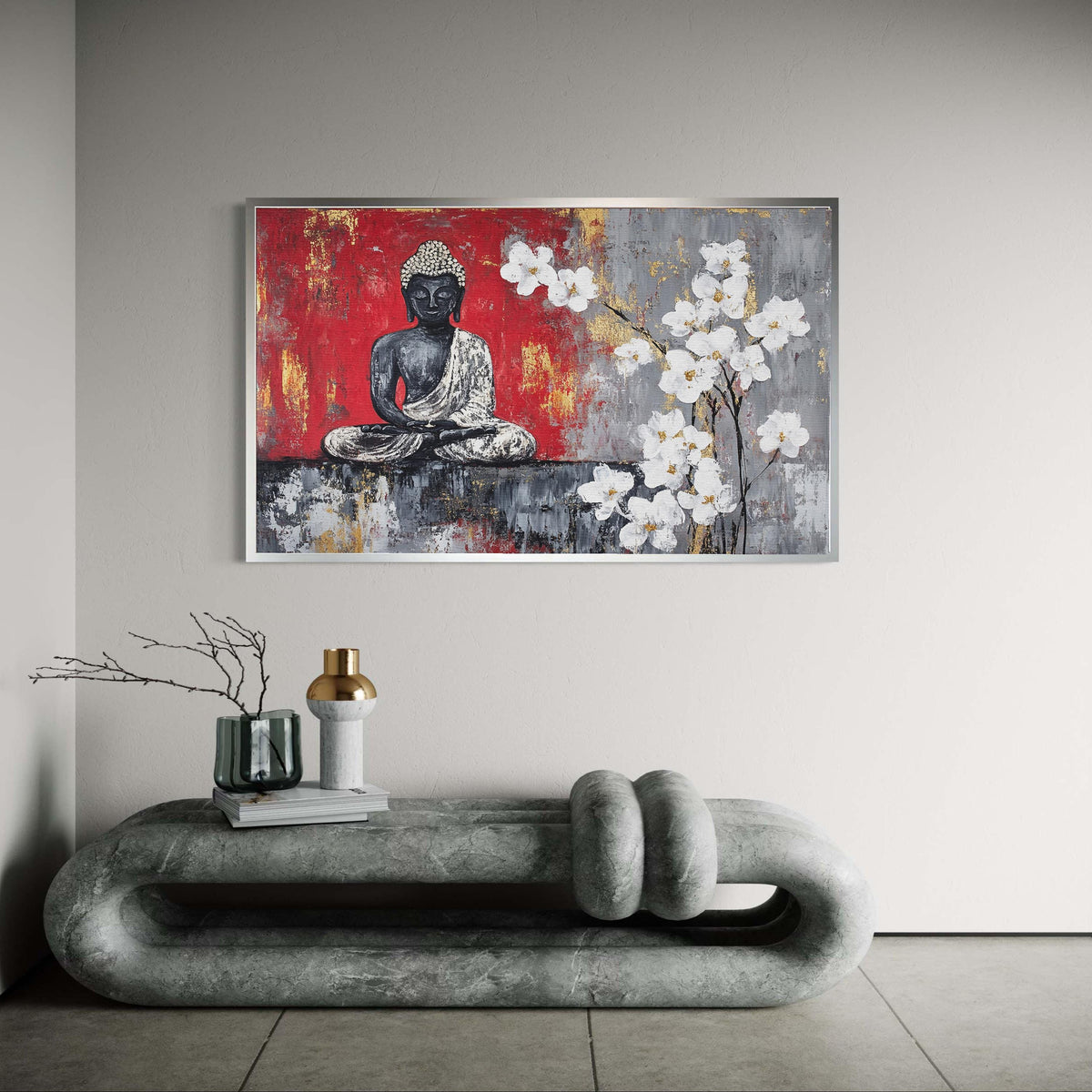 Meditating Buddha White Orchids Canvas Print, Red Grey Gold Leaf Art, Modern Spiritual Zen Floral Wall Decor, Peaceful Dhyana Mudra