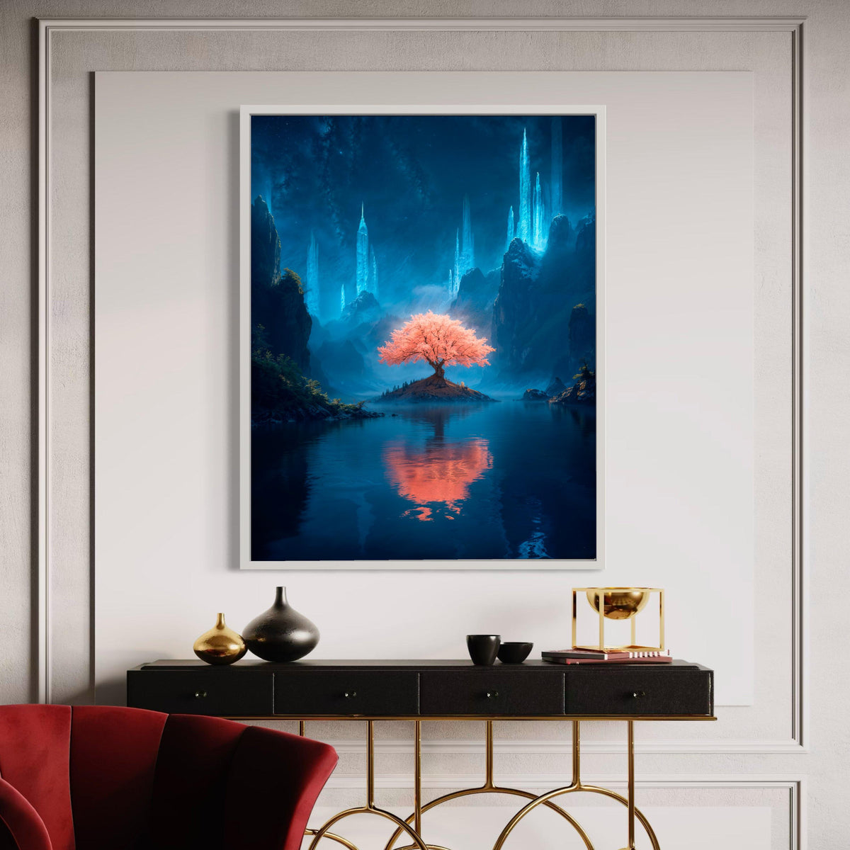 Magical Pink Blossom Tree of Life Canvas, Fantasy Landscape Art Print, Mystical Glowing Crystal Mountains, Serene Night Sky Reflection