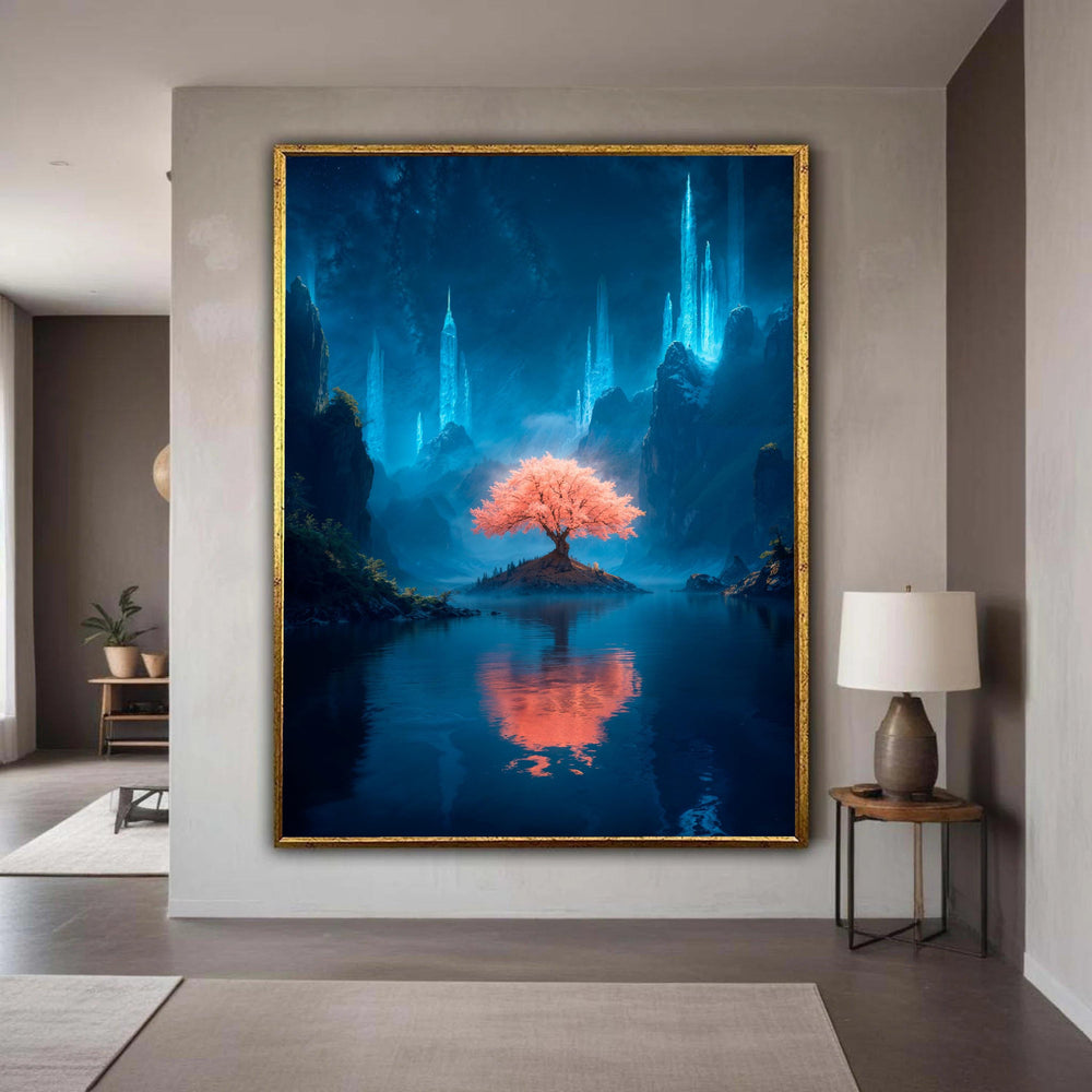 Magical Pink Blossom Tree of Life Canvas, Fantasy Landscape Art Print, Mystical Glowing Crystal Mountains, Serene Night Sky Reflection