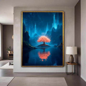 Magical Pink Blossom Tree of Life Canvas, Fantasy Landscape Art Print, Mystical Glowing Crystal Mountains, Serene Night Sky Reflection
