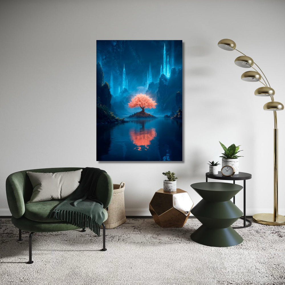 Magical Pink Blossom Tree of Life Canvas, Fantasy Landscape Art Print, Mystical Glowing Crystal Mountains, Serene Night Sky Reflection