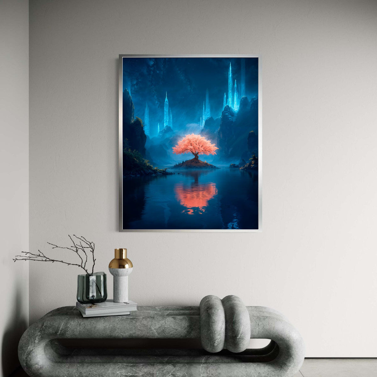 Magical Pink Blossom Tree of Life Canvas, Fantasy Landscape Art Print, Mystical Glowing Crystal Mountains, Serene Night Sky Reflection