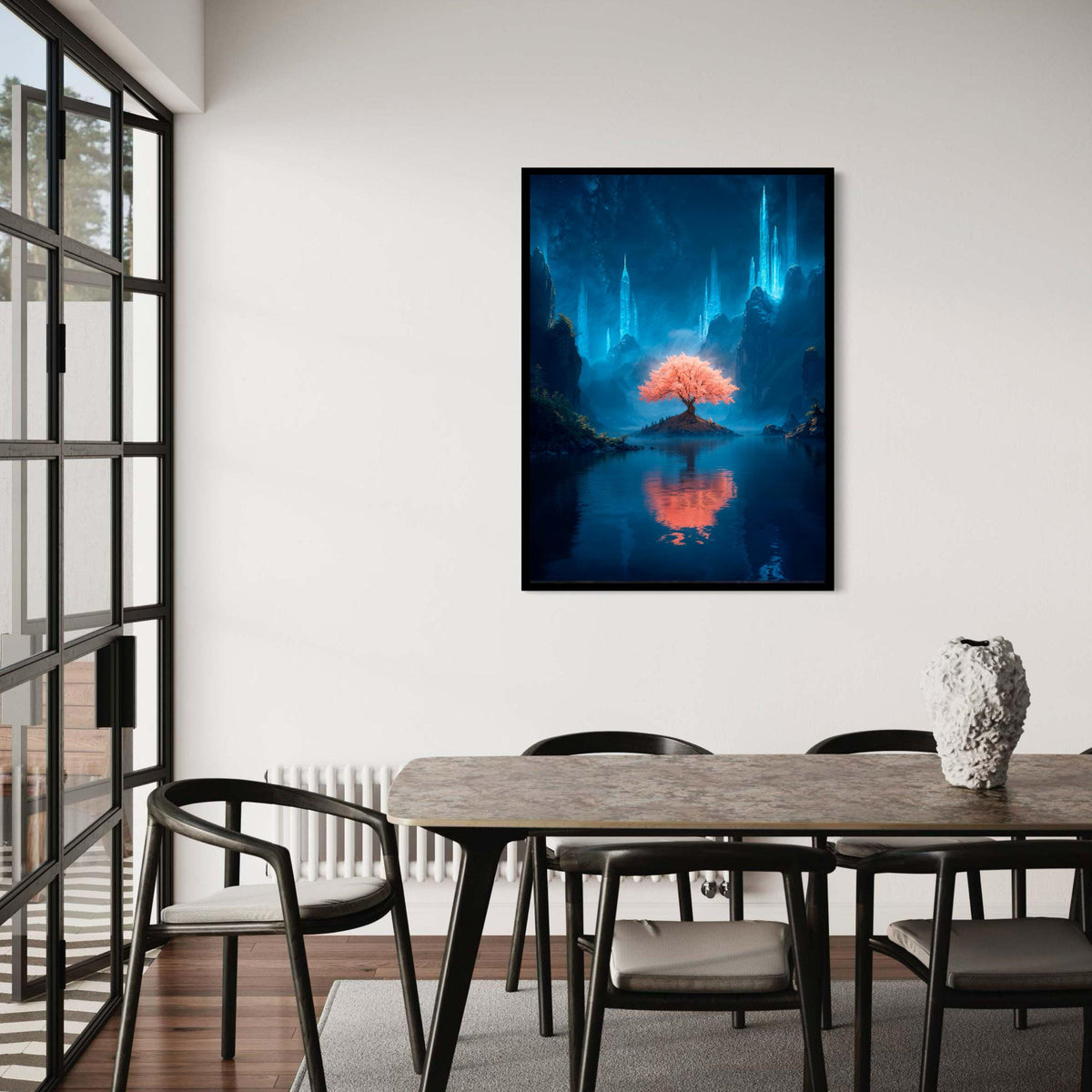 Magical Pink Blossom Tree of Life Canvas, Fantasy Landscape Art Print, Mystical Glowing Crystal Mountains, Serene Night Sky Reflection