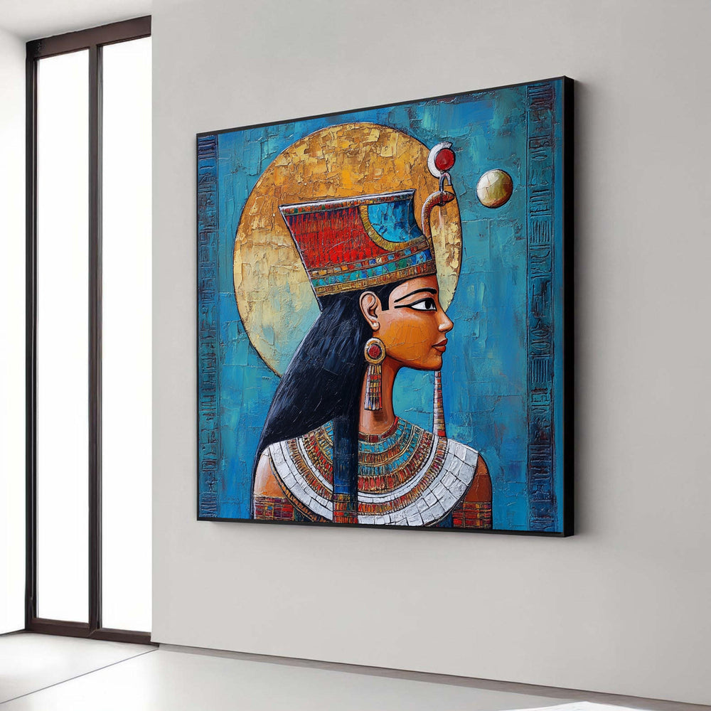 Egyptian Goddess Hathor Canvas Print, Ancient Egypt Mythology Art, Divine Feminine Wall Decor, Blue Gold Sun Disk Painting Style
