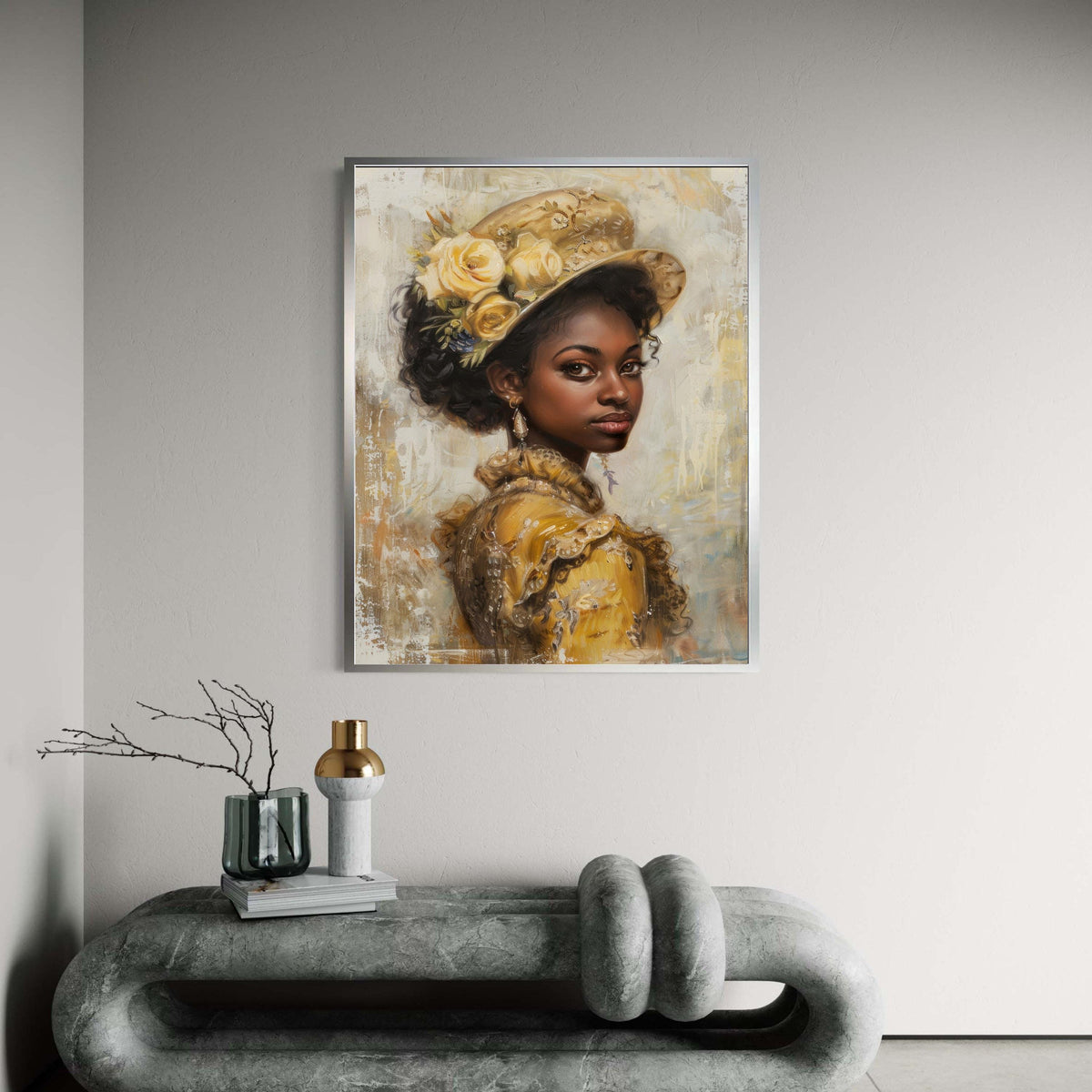 Elegant Vintage Black Woman Portrait Canvas Print, Yellow Dress Floral Hat Art, Classic Oil Painting Style, Sophisticated Heritage Wall Deco