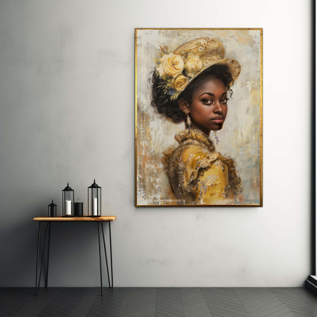 Elegant Vintage Black Woman Portrait Canvas Print, Yellow Dress Floral Hat Art, Classic Oil Painting Style, Sophisticated Heritage Wall Deco