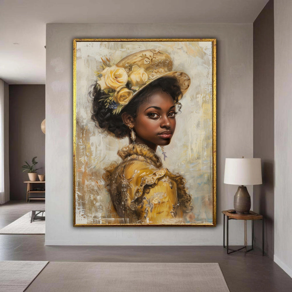 Elegant Vintage Black Woman Portrait Canvas Print, Yellow Dress Floral Hat Art, Classic Oil Painting Style, Sophisticated Heritage Wall Deco