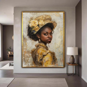 Elegant Vintage Black Woman Portrait Canvas Print, Yellow Dress Floral Hat Art, Classic Oil Painting Style, Sophisticated Heritage Wall Deco