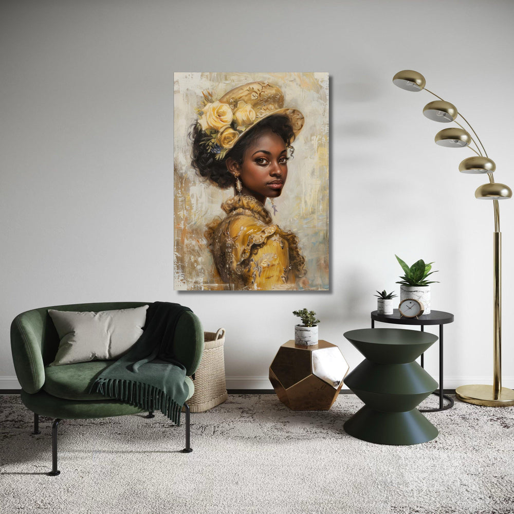 Elegant Vintage Black Woman Portrait Canvas Print, Yellow Dress Floral Hat Art, Classic Oil Painting Style, Sophisticated Heritage Wall Deco