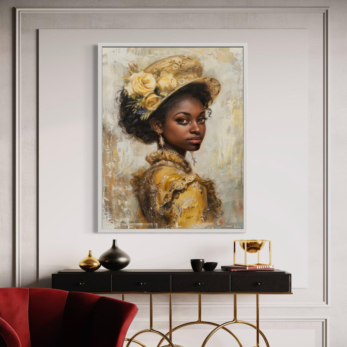Elegant Vintage Black Woman Portrait Canvas Print, Yellow Dress Floral Hat Art, Classic Oil Painting Style, Sophisticated Heritage Wall Deco