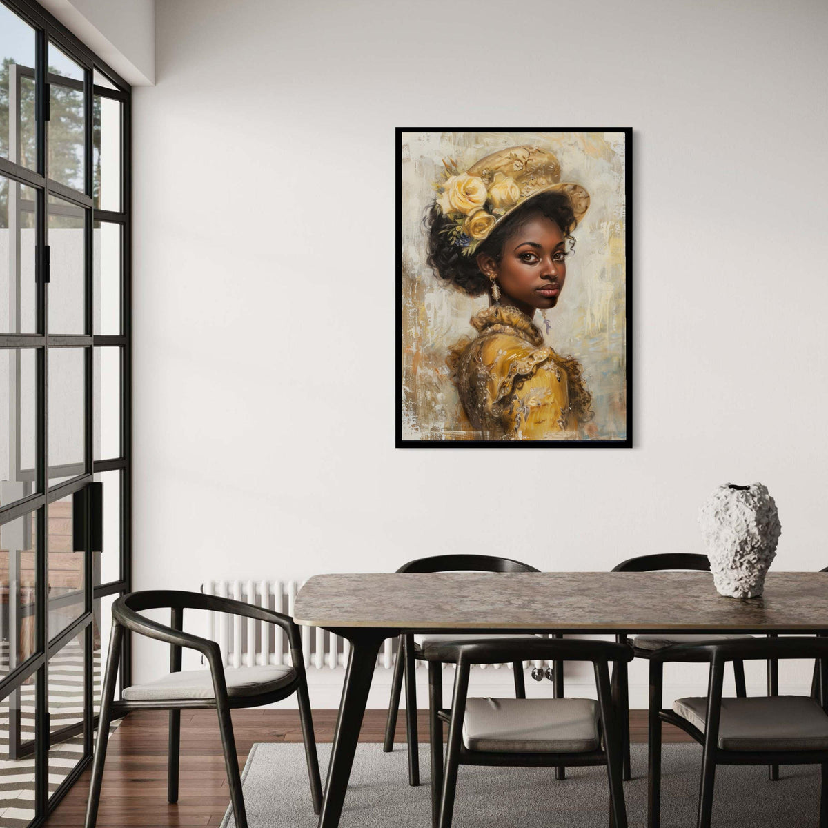 Elegant Vintage Black Woman Portrait Canvas Print, Yellow Dress Floral Hat Art, Classic Oil Painting Style, Sophisticated Heritage Wall Deco