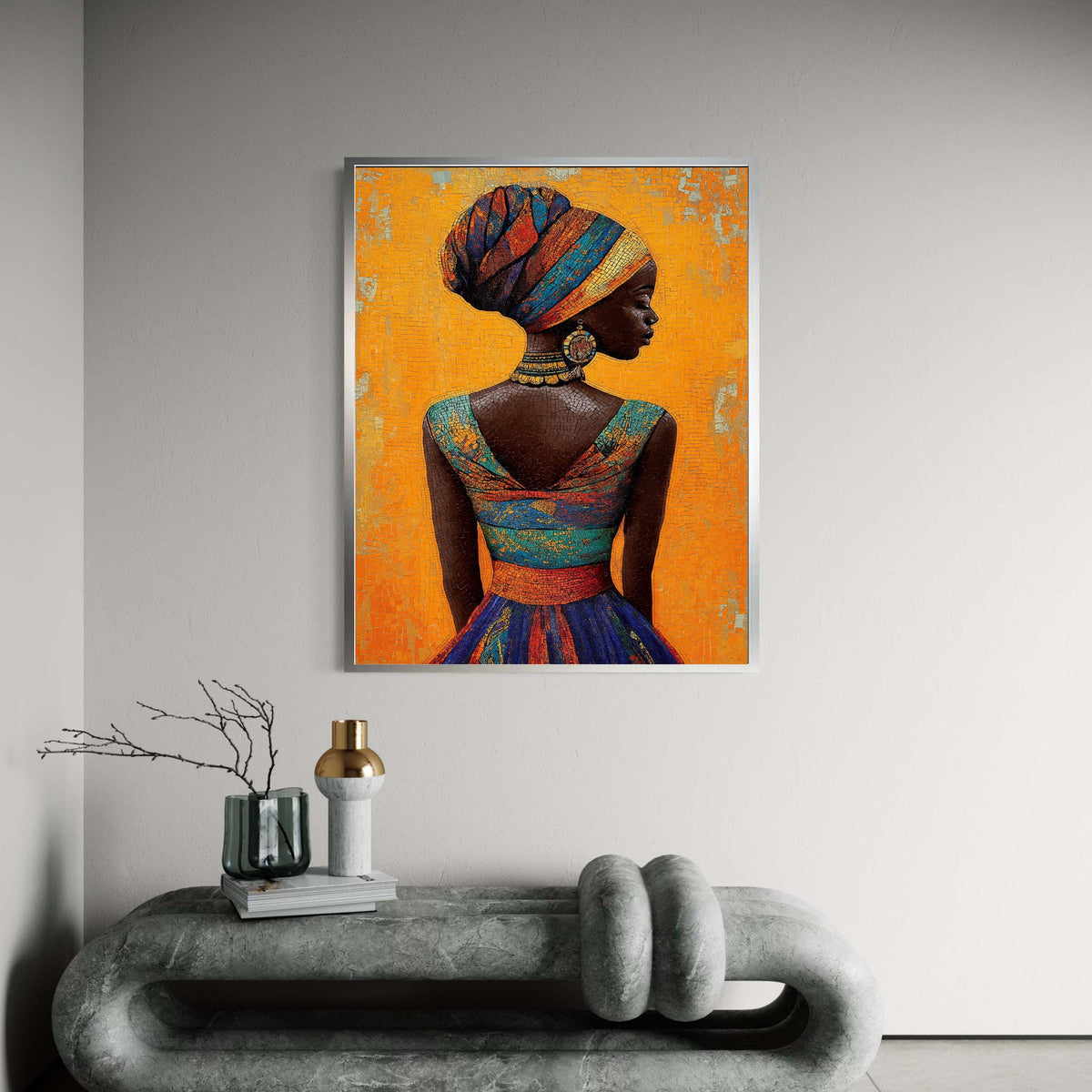African Woman Colorful Headdress Canvas, Mosaic Style Portrait Art, Vibrant Cultural Wall Decor, Tessellated Look Ethnic Beauty Print