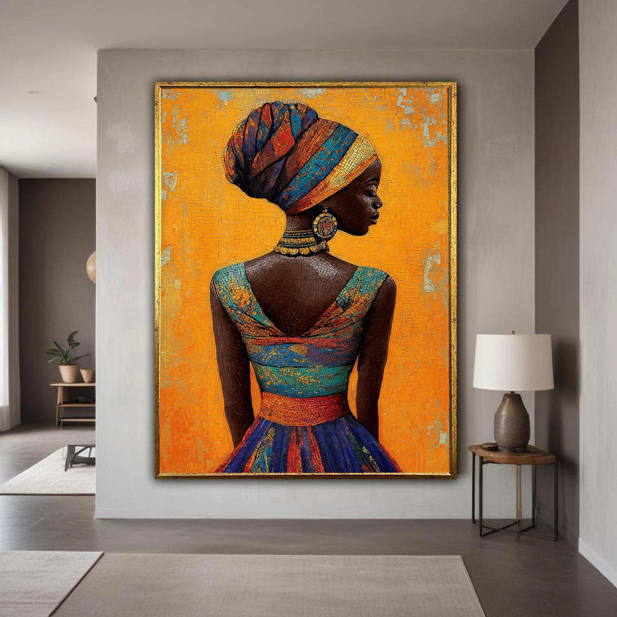African Woman Colorful Headdress Canvas, Mosaic Style Portrait Art, Vibrant Cultural Wall Decor, Tessellated Look Ethnic Beauty Print