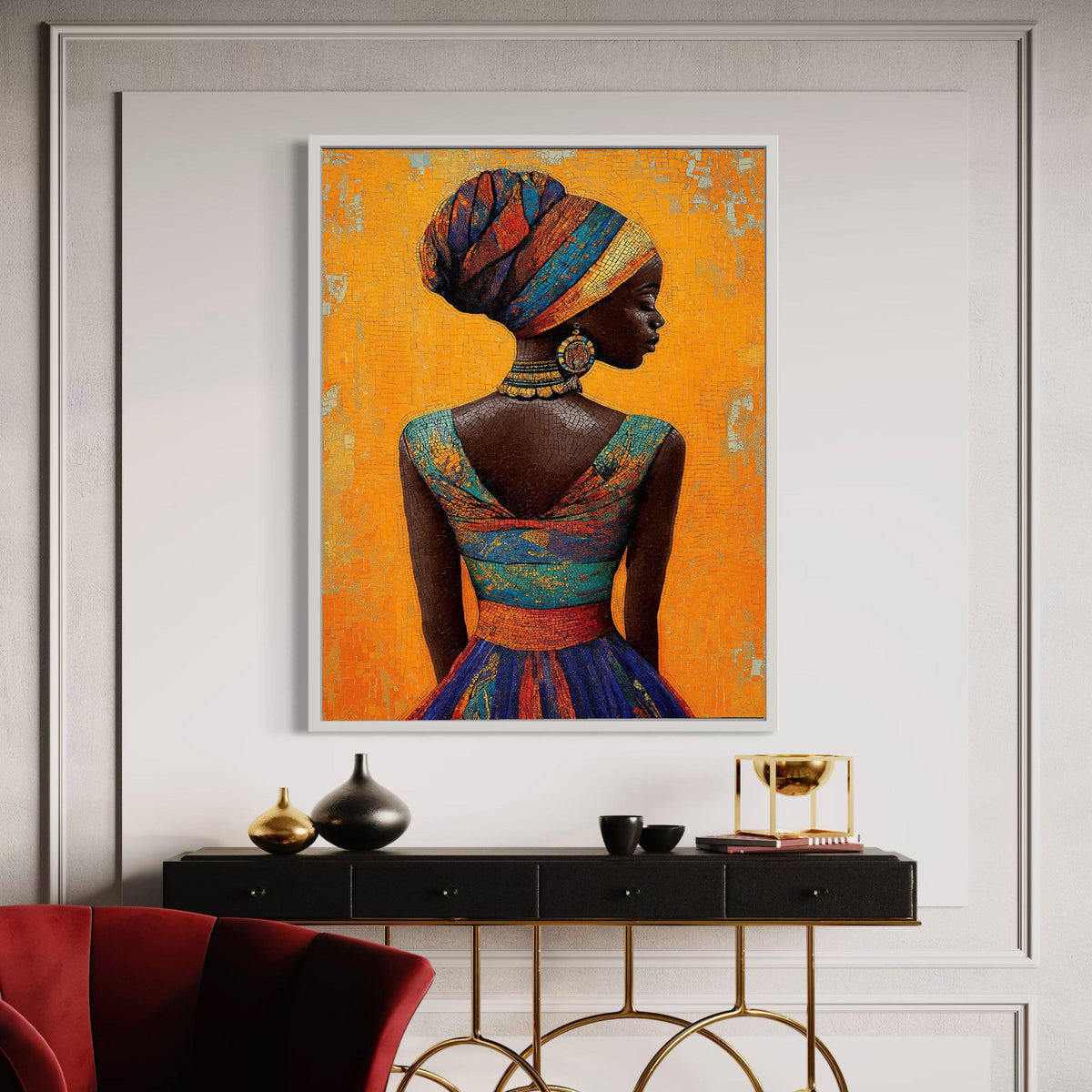 African Woman Colorful Headdress Canvas, Mosaic Style Portrait Art, Vibrant Cultural Wall Decor, Tessellated Look Ethnic Beauty Print
