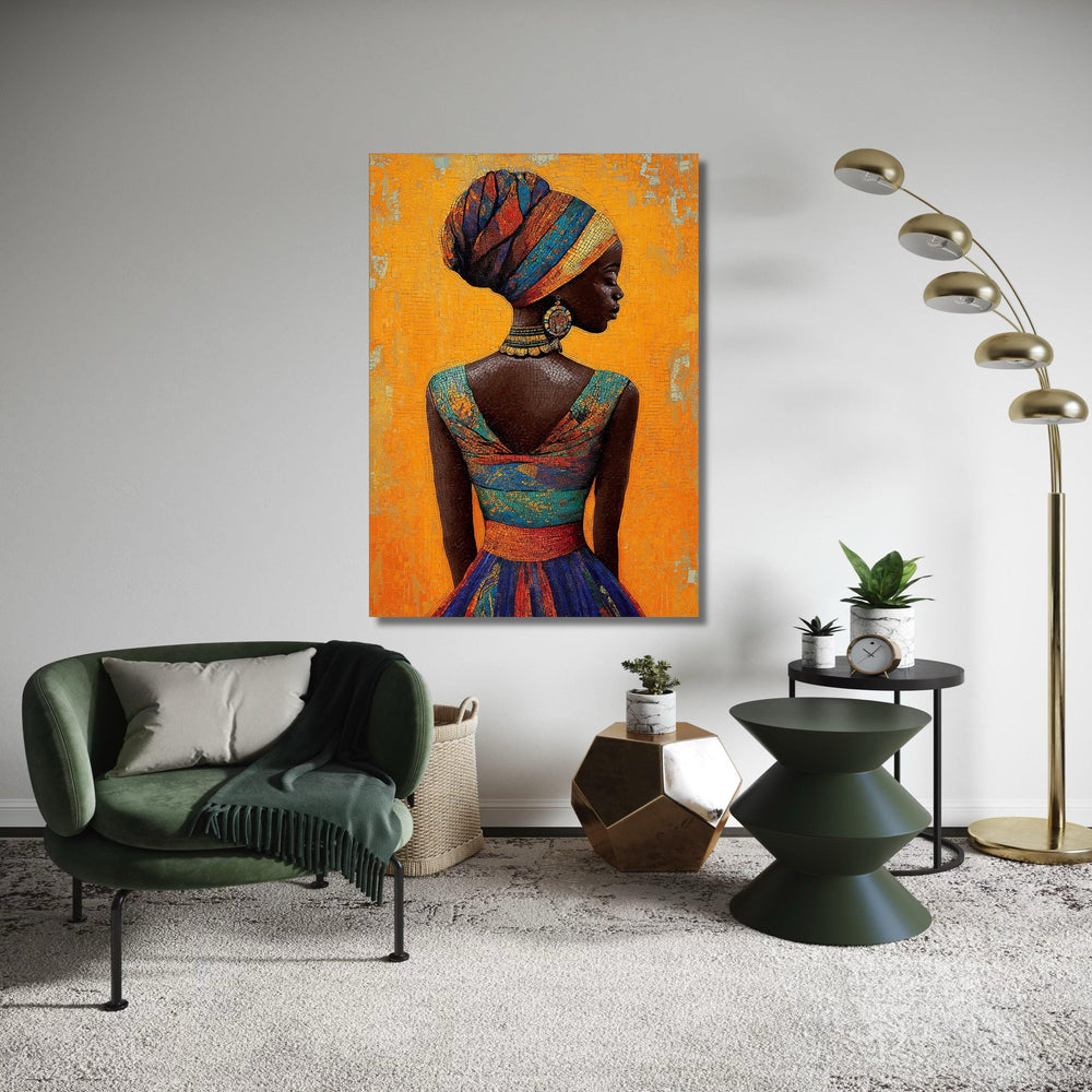 African Woman Colorful Headdress Canvas, Mosaic Style Portrait Art, Vibrant Cultural Wall Decor, Tessellated Look Ethnic Beauty Print