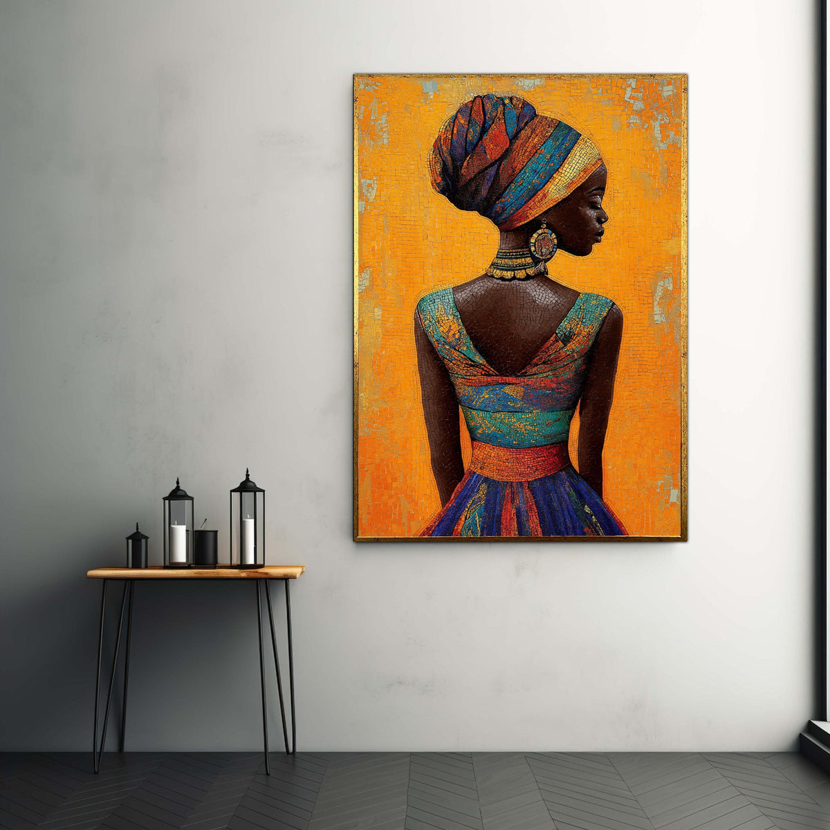 African Woman Colorful Headdress Canvas, Mosaic Style Portrait Art, Vibrant Cultural Wall Decor, Tessellated Look Ethnic Beauty Print