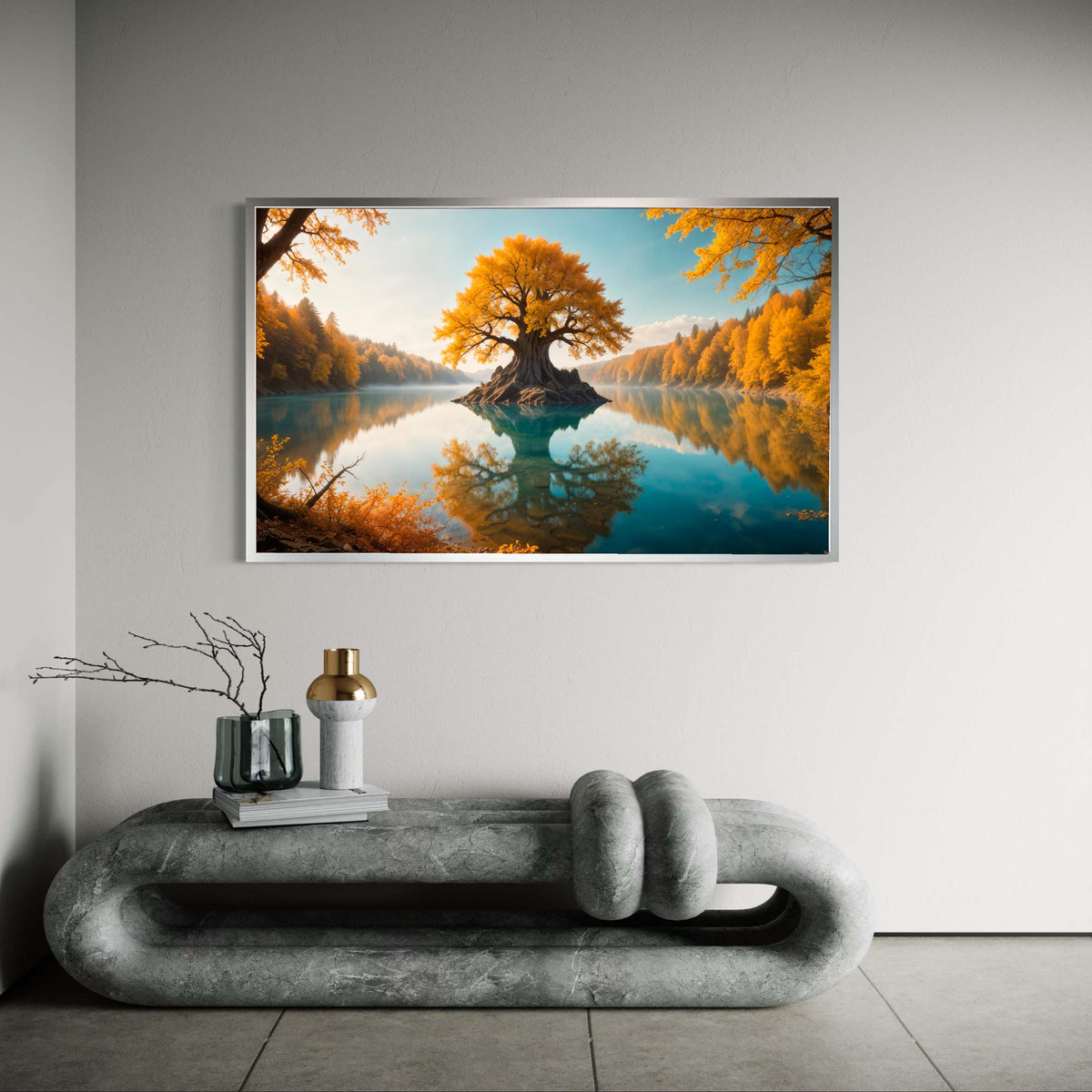 Magical Golden Tree of Life Canvas Print, Fantasy Lake Landscape Art, Enchanting Autumn Forest Wall Decor, Serene Reflection Artwork Gift